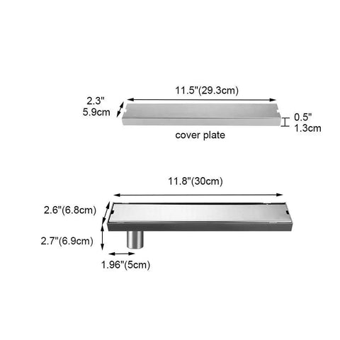 Linear Shower Drain With Plate Cover Or Tile Insert, 12 Inch Rectangle Floor Drain With Offset Side Outlet, dimensions labeled