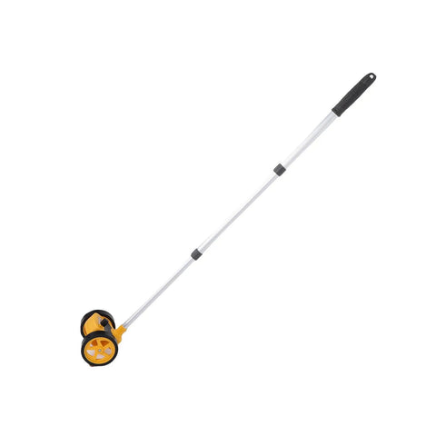 Jiawu Measuring Wheel Lightweight Accurate Distance Tool for Construction Landscaping Projects, Dual 4in Rolling Wheel with Telescopic Rod and Amateurs, shown with extendable aluminum rod.
