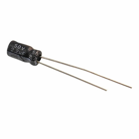 Single capacitor from the Through Hole Electrolytic Capacitor Assortment Kit, 120 Pcs Total, 12 Types, 0.22uF To 470uF Range