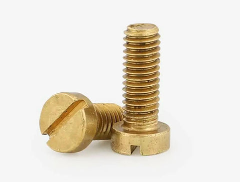 Top Shelf Brass Cheese Head Screws Slotted Machine Bolts M2.5 X 10mm Fasteners Badass 50 Pack close-up view of two brass fasteners.