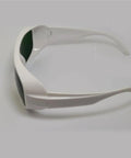 Heavy Duty Laser Safety Glasses, Big Time Telecom And Nd:Yag Diode Eye Protection, side view of clear lens and white frame.