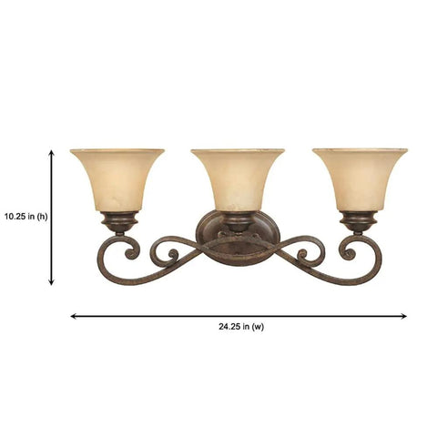 Mendocino 24.25 Inch 3 Light Bathroom Vanity Light Fixture in Forged Sienna with Warm Amber Glass and Damp Rated Steel Construction