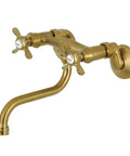 Adjustable Center Wall Mount Bathroom Faucet in Brushed Brass, Drip Free Ceramic Disc Cartridge, 2 Hole Install; Victorian design