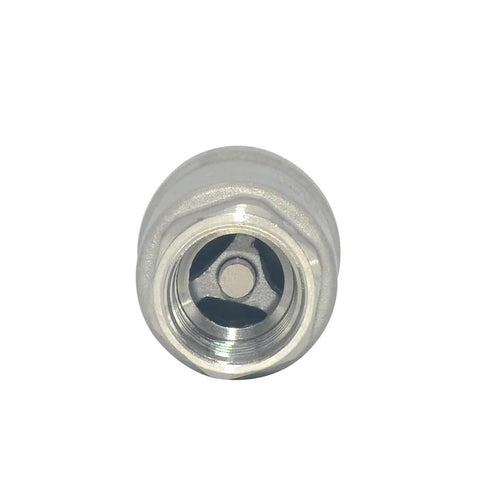Front view of 1/2 in NPT female inline check valve, spring-loaded with visible internal plunger, stainless steel