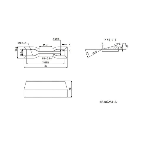 Technical drawing of Dumbbell And Straight Section Shape Cutter For Rubber Specimens, ASTM ISO JIS Standards, JIS K6251-6, alloy steel