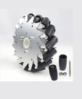 6-inch Mecanum wheel with ball bearings, metal hub and black rollers; includes axle and spacers.