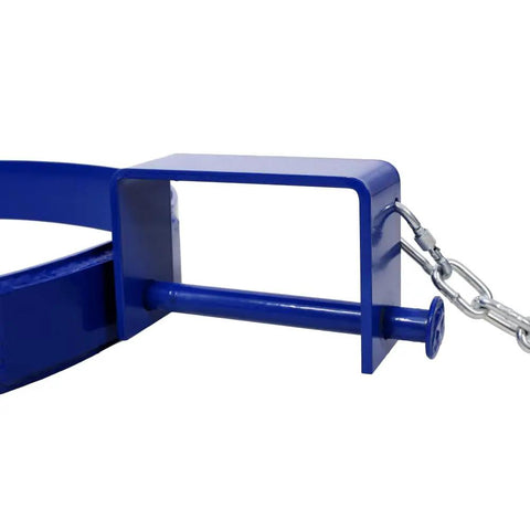 Heavy Duty 55 Gallon Drum Lifter Ring With Pivoting Fork Pockets, Painted Carbon Steel design with chain and connector for industrial use.