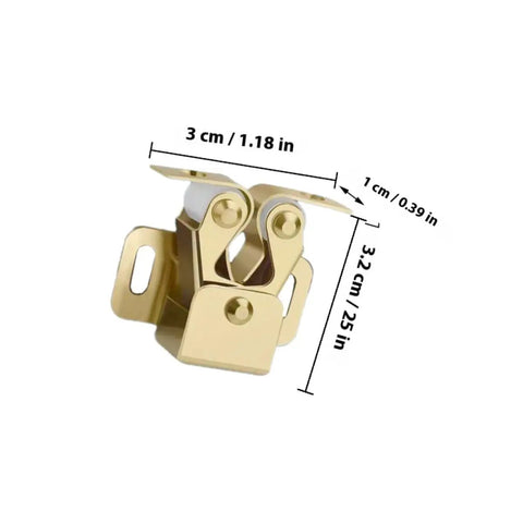 Six Pack Metal Ball Catch Cabinet Latches with spring double roller catchers, gold finish, dimensions shown, for doors.