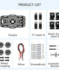 Product components for Omnidirectional 4WD Robot Car Chassis Kit With 68mm Mecanum Wheels And TT Motors for STEM Education.