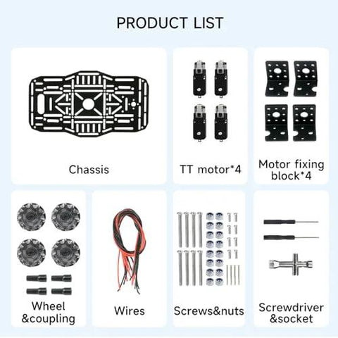 Product components for Omnidirectional 4WD Robot Car Chassis Kit With 68mm Mecanum Wheels And TT Motors for STEM Education.