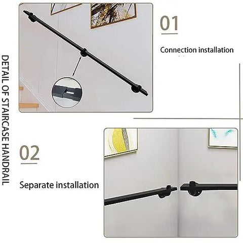 Installation details of Rock Solid Black Metal Wrought Iron Stair Railing With Modern Wall Mount Handrail for Indoor and Outdoor Use.
