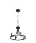 Wagon Wheel Black Farmhouse Chandelier With 4 Lights features a rustic round design and black finish, perfect for various home spaces.