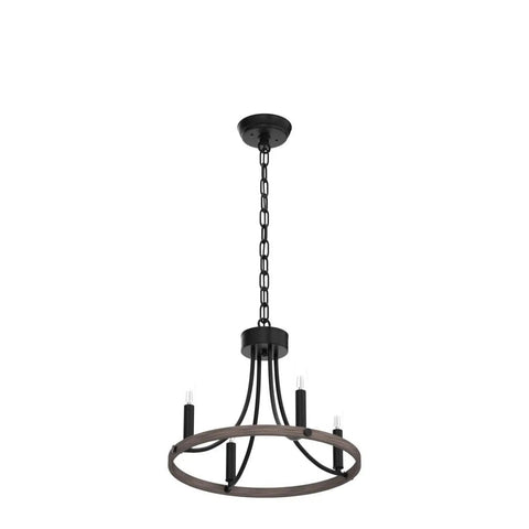 Wagon Wheel Black Farmhouse Chandelier With 4 Lights features a rustic round design and black finish, perfect for various home spaces.