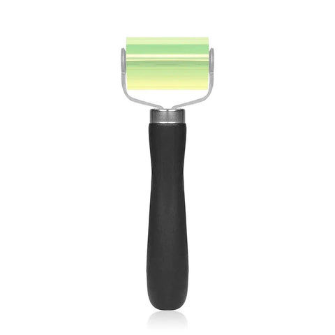 Rubber-handled seam roller tool with a green plastic roller for DIY repairs and quick plastic fixes.
