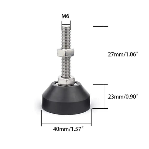 Heavy Duty Adjustable Leveling Feet With Nylon Base And Quiet Silent Furniture Legs, detailed dimensions shown