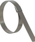 Band-It CP1899 galvanized steel center-punch clamp band, 5/8 in wide, 4-1/2 in diameter with flat tail, angled side view