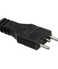 Close-up of a black three-prong power plug attached to a cable, highlighting the connector pins for electronic devices.