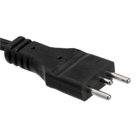 Close-up of a black three-prong power plug attached to a cable, highlighting the connector pins for electronic devices.