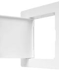 Top Shelf No Sweat Drywall Access Panel For Quick Bathroom Service And Utility Maintenance Covers Plumbing Electrical And Alarm Lines Rock Solid Recessed Design Fits Standard Four By Four Inches, opened panel showing smooth operation.