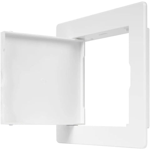 Top Shelf No Sweat Drywall Access Panel For Quick Bathroom Service And Utility Maintenance Covers Plumbing Electrical And Alarm Lines Rock Solid Recessed Design Fits Standard Four By Four Inches, opened panel showing smooth operation.