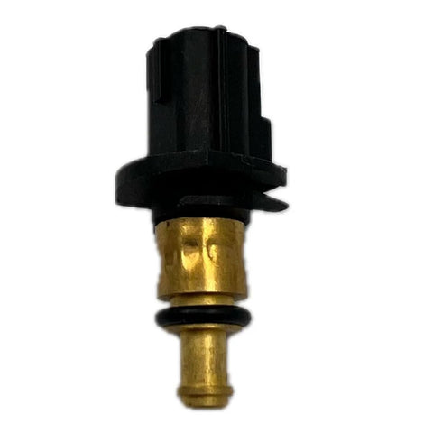 Close-up of brass coolant temperature sensor with black plastic connector and O-ring.