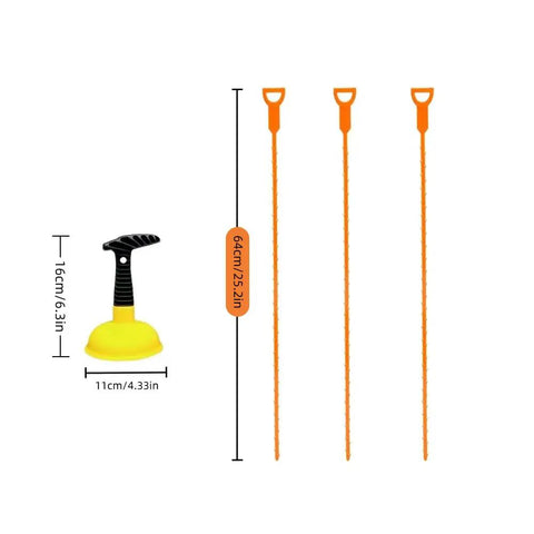Real Heavy Duty Sink Plunger Paired With Three Flexible Drain Snakes To Knock Out Stubborn Clogs Fast Without Any Drama For Smooth Flow In Bathrooms Kitchens And Showers Solid Gear, showcasing a yellow rubber plunger and three orange drain snakes.