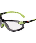 Slick Low Profile Safety Glasses With Adjustable Headband For Industrial Jobs Hella Durable Kickass Impact Protection And Smooth Green Black Frames side view with polycarbonate lenses.