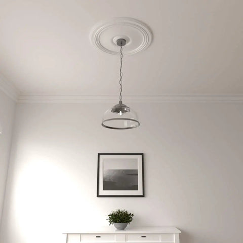 24 Inch Ceiling Medallion, 3 5/8 Inch Inner Opening, 1 1/4 Inch Projection installed around a pendant light fixture