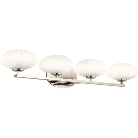 Four-light vanity fixture, satin etched cased opal glass shades, polished nickel finish, modern classic style.