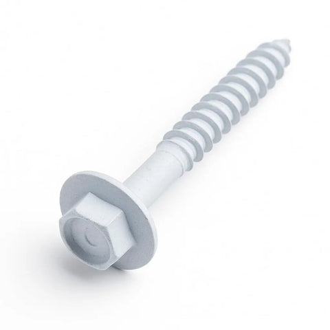 Close-up of white hex head concrete screw anchor part of 100 pack 1/4-Inch by 2-3/4-Inch for masonry concrete brick block use.