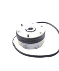 Front view of forklift electromagnetic brake unit, silver top, black housing with wiring