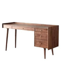 Ergonomic Adjustable Standing Desk Featuring Rich Walnut Desktop Four Deep Storage Drawers Integrated Monitor Stand side view.