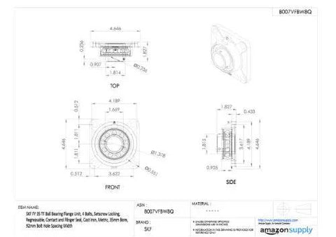 Technical drawing of Heavy Duty Industrial Grade Flange Mount Ball Bearing Unit with Four Bolts Setscrew Locking, 35mm Bore, 92mm Spacing