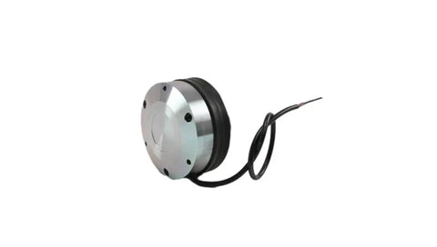 Electromagnetic brake module for forklift parts; round silver housing with black gasket and wiring