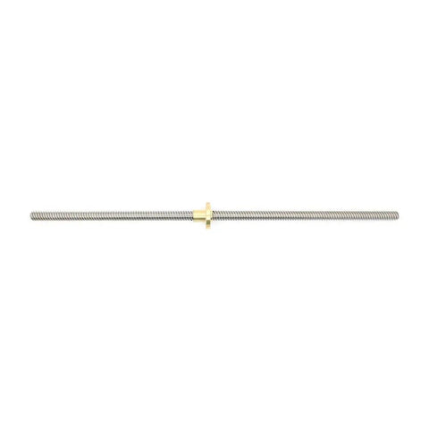 400mm T8x8 Lead Screw With Brass Nut For 3D Printer Z Axis, Acme Thread, SUS304 Stainless Steel, shown in full length view