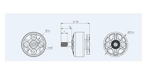 Technical diagram of Dual KV 2550KV and 1950KV Brushless Drone Motor for 4-5 inch FPV drones, showing dimensions and design details.