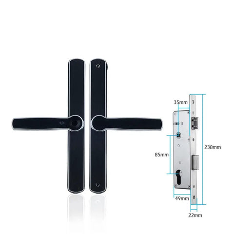 Tough As Nails Waterproof Aluminum Glass Door Lock With Fingerprint Smart Mortise System, Zinc Alloy Handle, measurements shown.