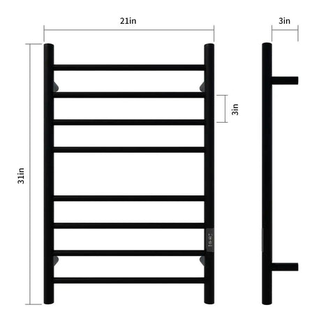 Wall Mounted Heated Towel Rack With Built In Timer And LED Indicator In Matte Black Electric Stainless Steel Towel Warmer For Bathroom 8 Bars Fast Drying Keeps Towels Warm And Fresh No More Cold Towels, front and side view, 21x31x3 inches.