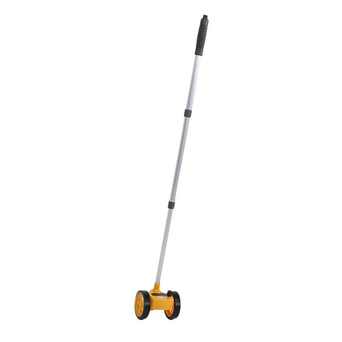 Baxnore Rolling Measuring Wheel 4 Inch Dual Wheel Accurate Distance Measurement Tool with Telescopic Rod standing upright.