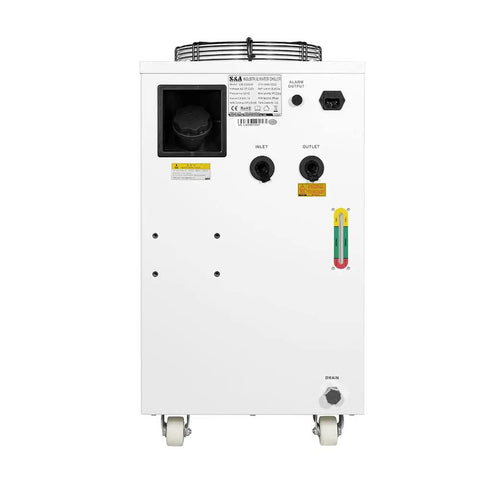 Heavy Duty Industrial Water Chiller With 1.15 Hp Pump And 18.5 Gpm Flow For CO2 Lasers Plus CNC Spindles And UV Printers back view showing inlet and outlet ports.