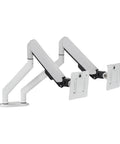 Heavy Duty Dual Monitor Arm For Thick Desks No Drill Clamp Mount with two adjustable arms and mounting plates in white.