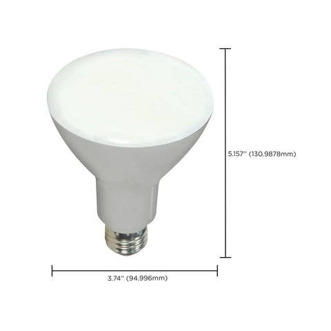 BR30 LED Light Bulbs 9.5W Dimmable 750 Lumens 3000K Soft White with dimensions of 5.157 inches height and 3.74 inches width
