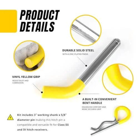 Detail view of Three Pack Trailer Hitch Pins And Clips With Rubber Coated Yellow Grips Five Eighths Inch Pin Diameter Fits Two Inch Receiver Zinc Plated Steel Bent Handle For Easy Grip No Fuss showing steel body and yellow grip.