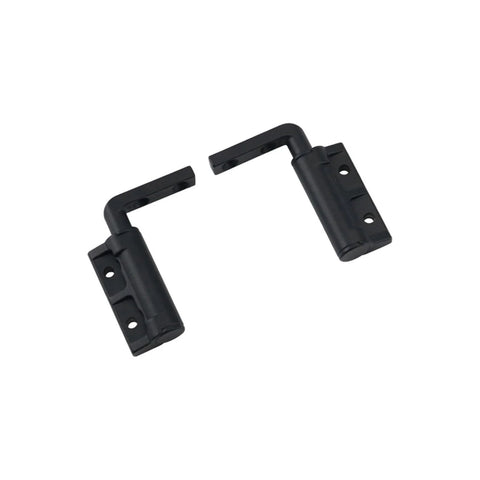 Pair of black zinc-alloy L-shaped damping hinges with screw holes, angled view.