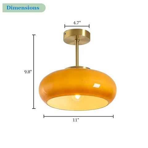 Mid Century Semi Flush Mount Ceiling Light With Glass Shade, Modern Hallway Fixture, Orange Finish, Dimensions and UL Listed