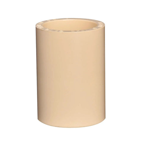 Close-up of single Three Quarter Inch CPVC Pipe Fittings Slip To Slip Coupling Adapter for water plumbing, heavy-duty, smooth interior.