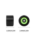 Side and front view of black quad roller skate wheel, 62mm by 42mm, with green bearing hub showing dimensions.