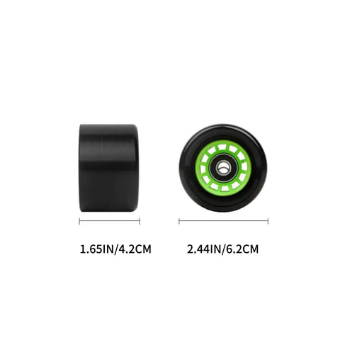 Side and front view of black quad roller skate wheel, 62mm by 42mm, with green bearing hub showing dimensions.