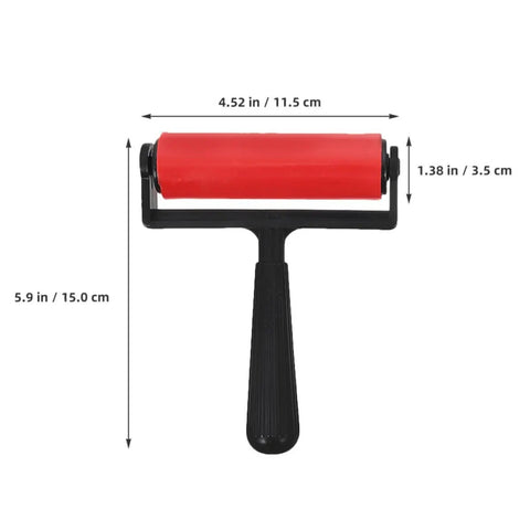 3 Piece Manual Stamping Ink Roller Kit Featuring A Super Silky Smooth Cylinder And Rugged Red Plastic Handle, dimensions shown.