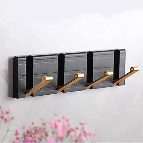 Sturdy Aluminum Wall Mount Coat Hooks for Bathroom Bedroom Entryway Top Shelf Space Saving Robe Holder for Hats Coats Jackets Durable Metal Clothing Rack Silver Gold Black Finish showing black and gold design.